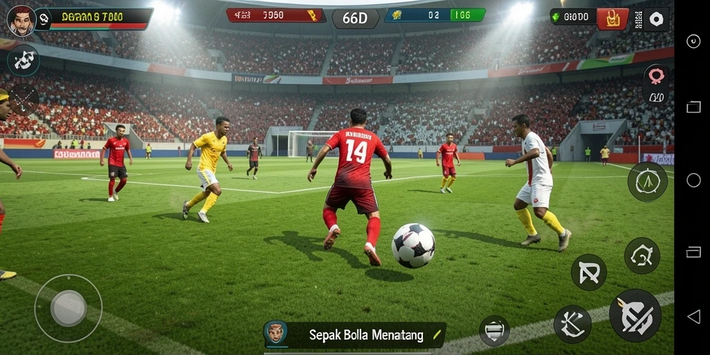 Tampilan gameplay nyata dari pertandingan sepak bola.