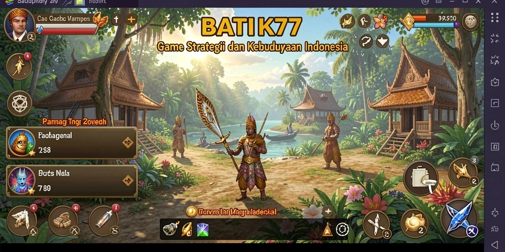 Tampilan gameplay BATIK77 menampilkan pengelolaan desa berbasis batik yang kaya warna.