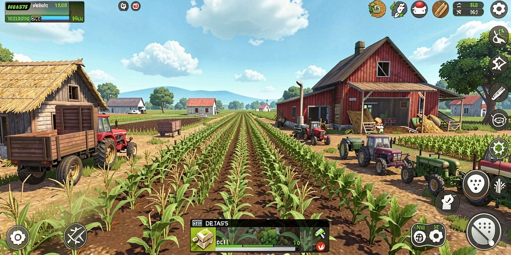 Screenshot gameplay DELTA575 menampilkan kebun yang subur dan berwarna-warni.