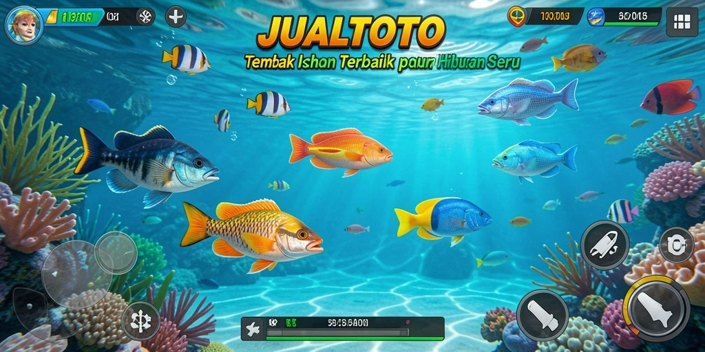 Tampilan gameplay seru dalam JUALTOTO dengan berbagai ikan berwarna-warni.