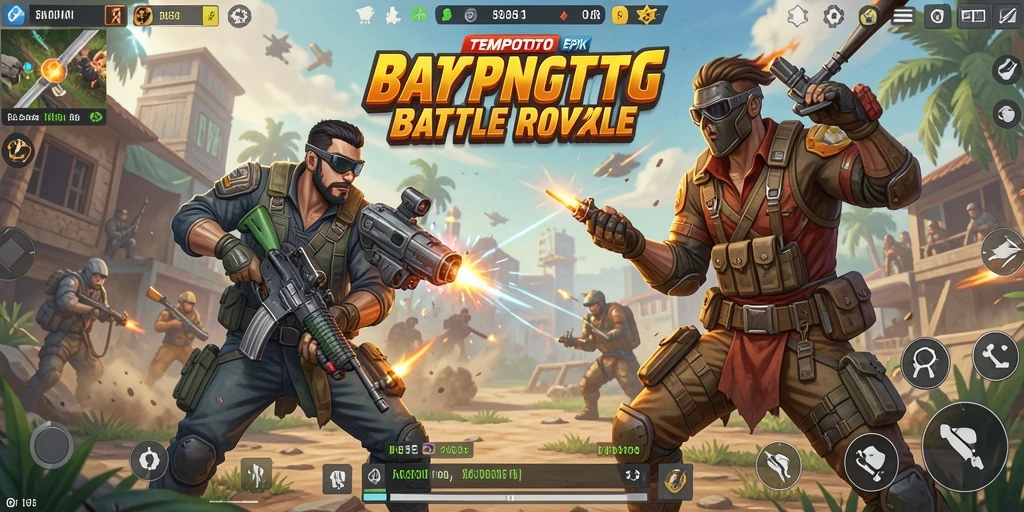 Screenshot gameplay TEMPOTOTO menunjukkan aksi pertempuran Battle Royale yang seru.